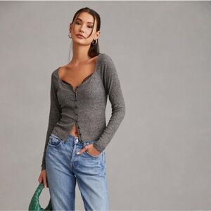 Anthropologie Lace-Trimmed Cardigan Sweater Gray Ribbed Button Front‎ Y2K Size M